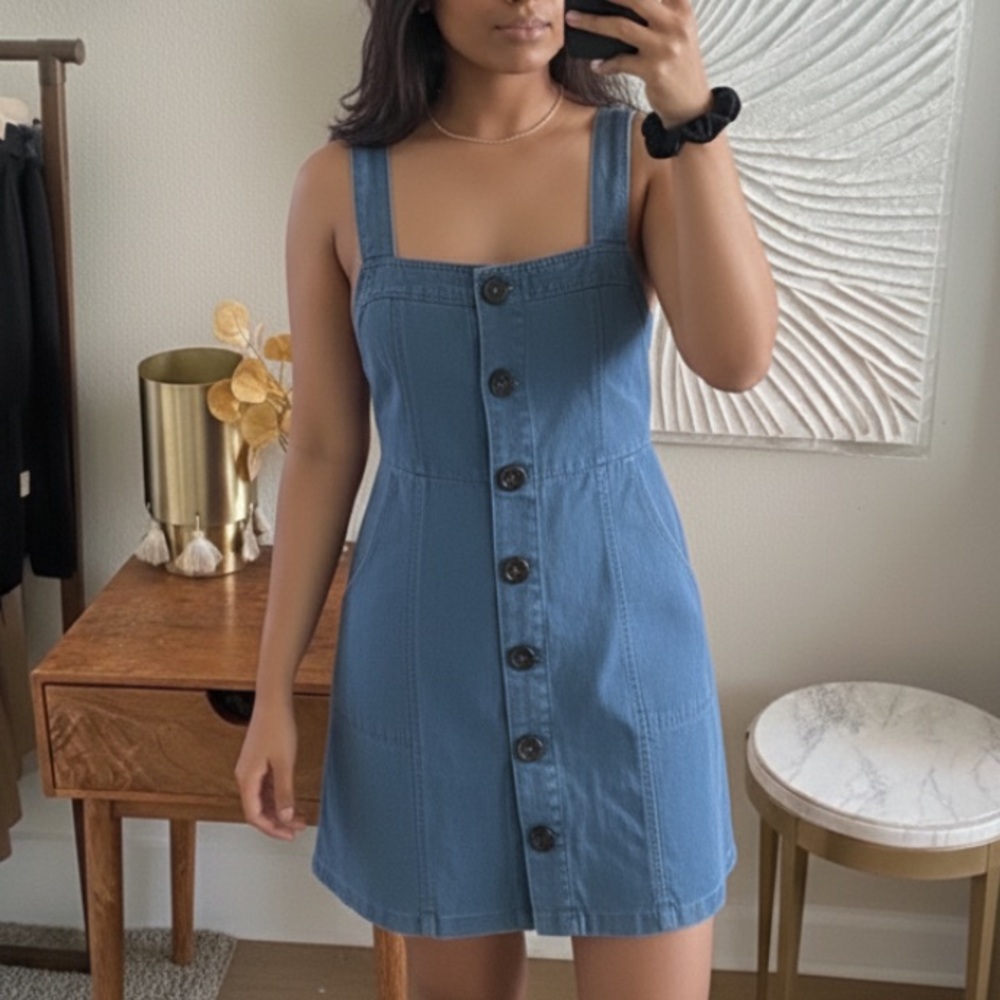 100% Cotton Blue Button-Front Denim Dress